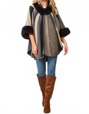 NEW ON BLUE multi color stripe fur accent poncho sweater in grey